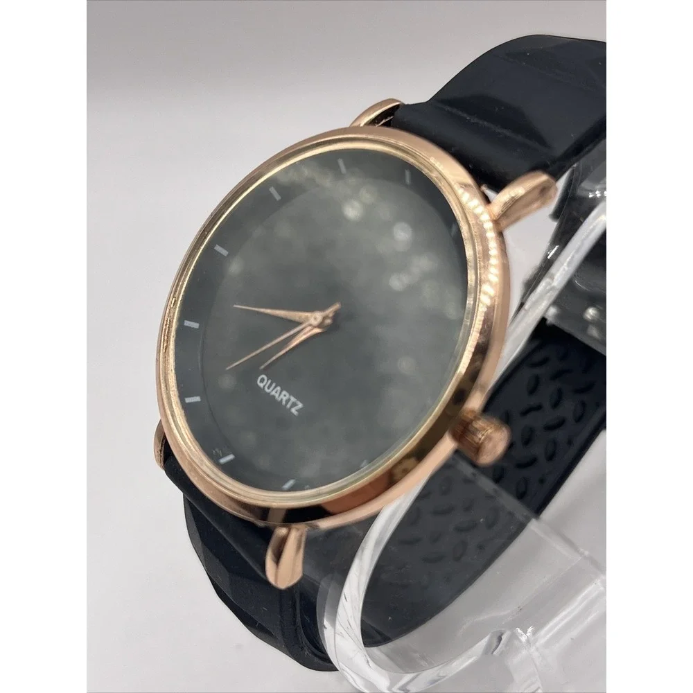 Unisex Quartz Watch Rose Gold‎ 39mm Case Black Silicone Band- New Battery